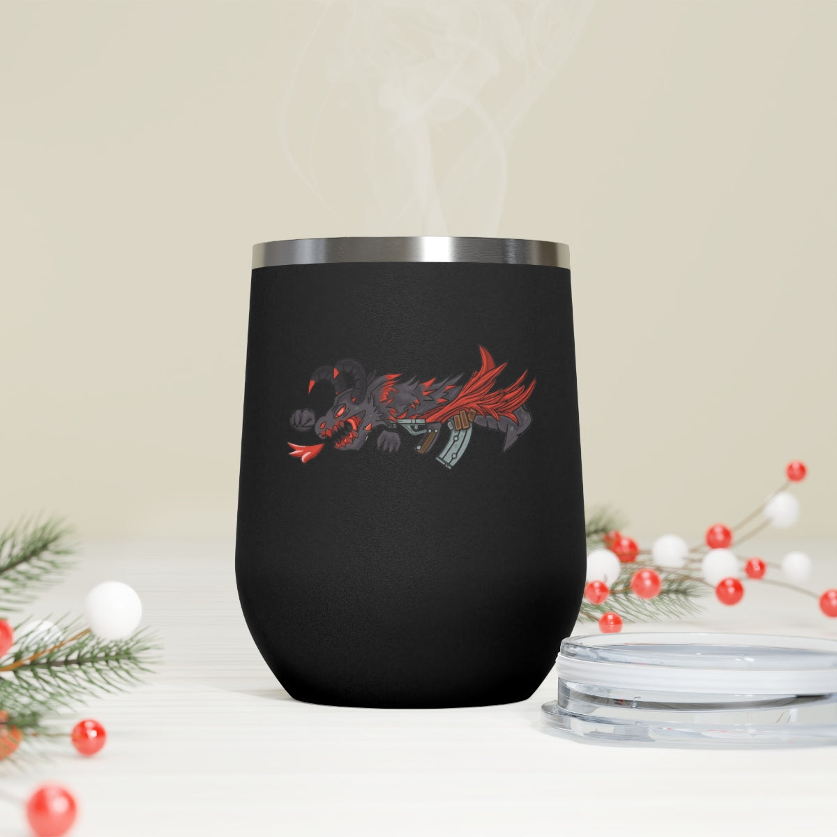 Red Black Dragon Gun 12oz Insulated Wine Tumbler with clear lid, showcasing stylish design and stainless steel construction.