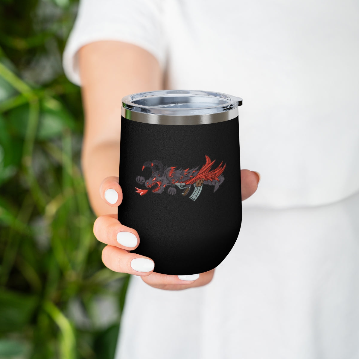 Red Black Dragon Gun 12oz Insulated Wine Tumbler with clear lid, showcasing stylish design and stainless steel construction.