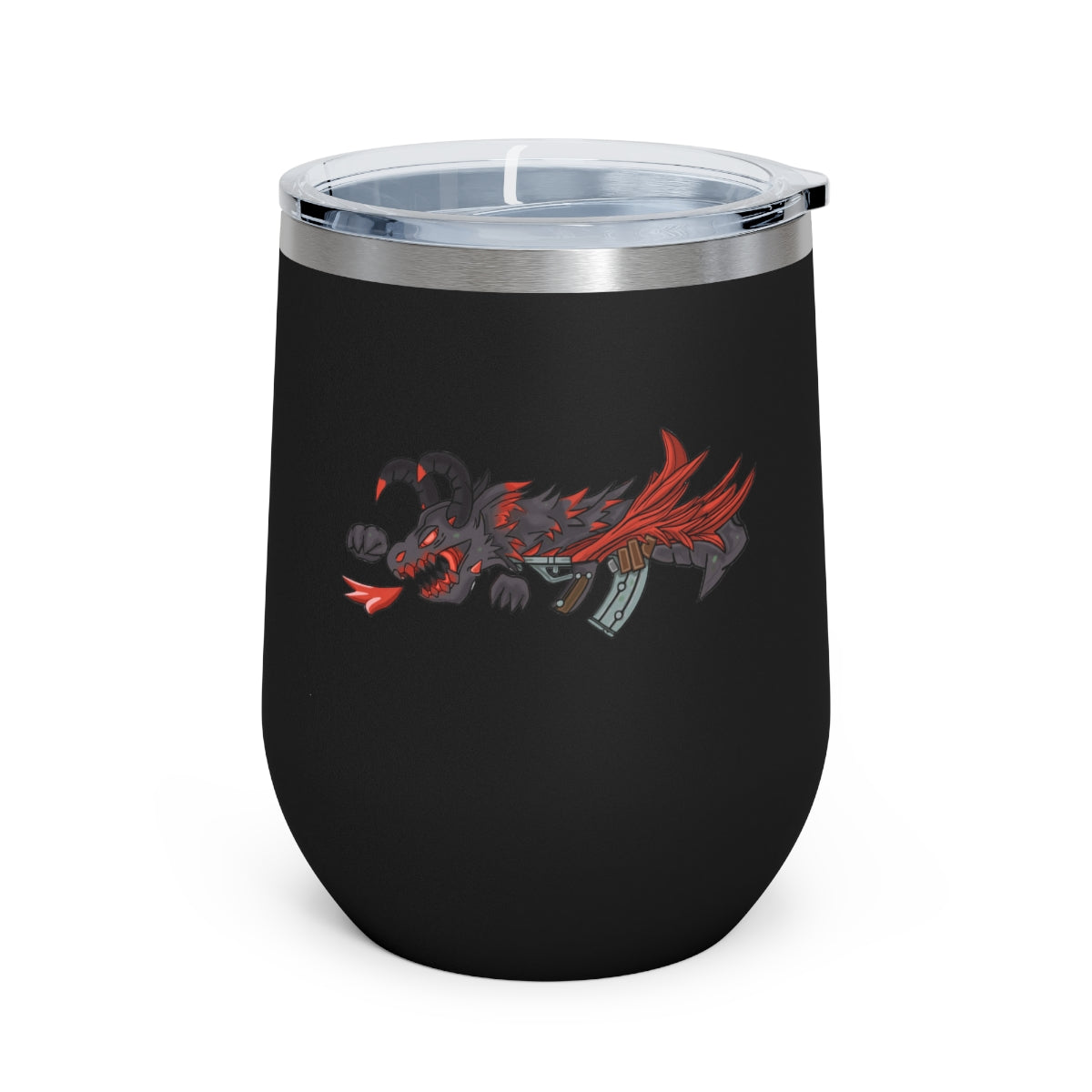 Red Black Dragon Gun 12oz Insulated Wine Tumbler with clear lid, showcasing stylish design and stainless steel construction.