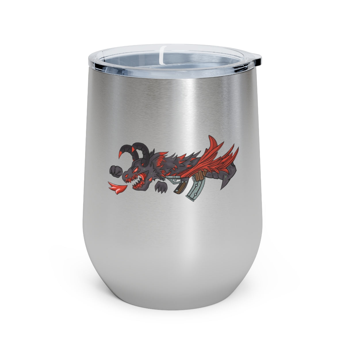 Red Black Dragon Gun 12oz Insulated Wine Tumbler with clear lid, showcasing stylish design and stainless steel construction.