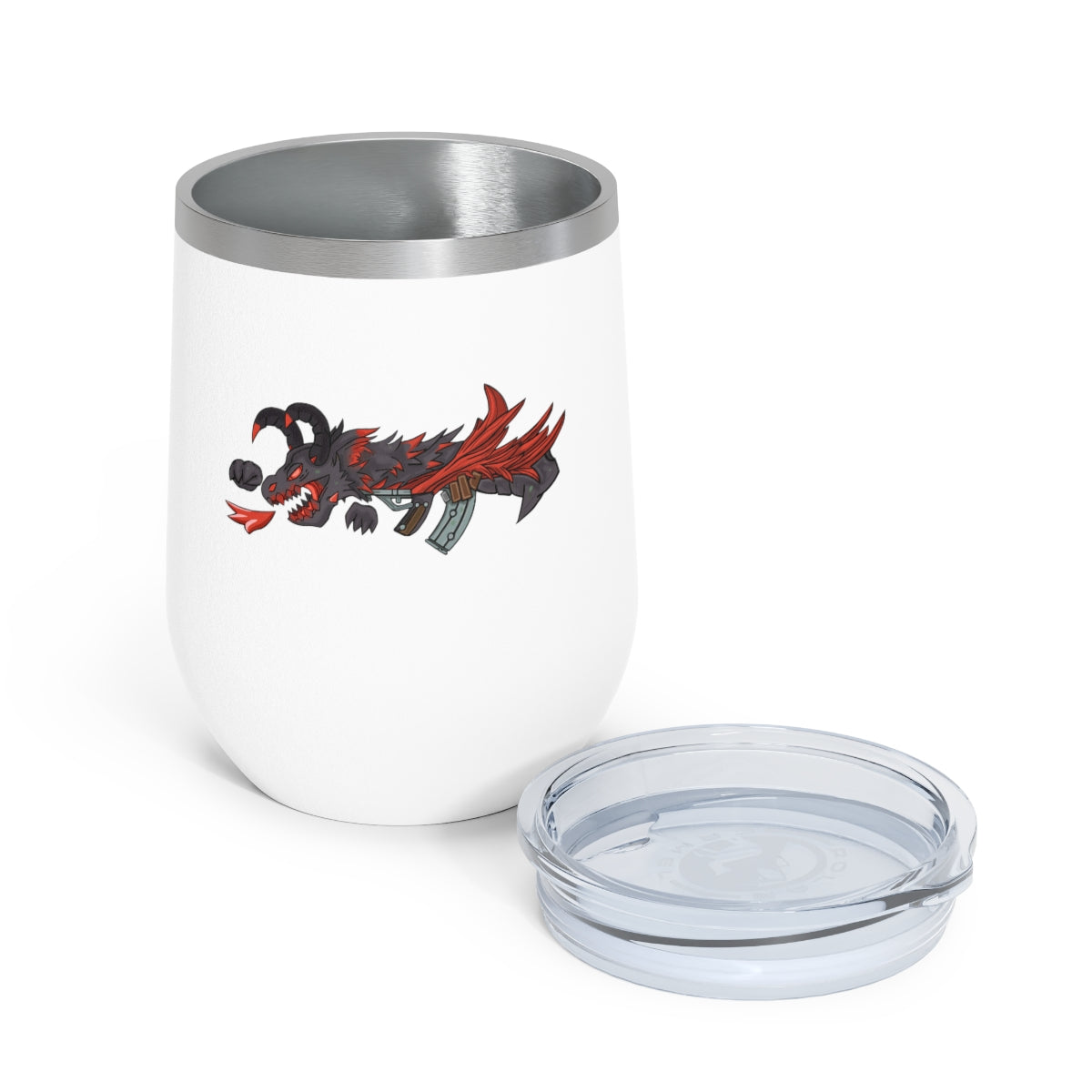 Red Black Dragon Gun 12oz Insulated Wine Tumbler with clear lid, showcasing stylish design and stainless steel construction.