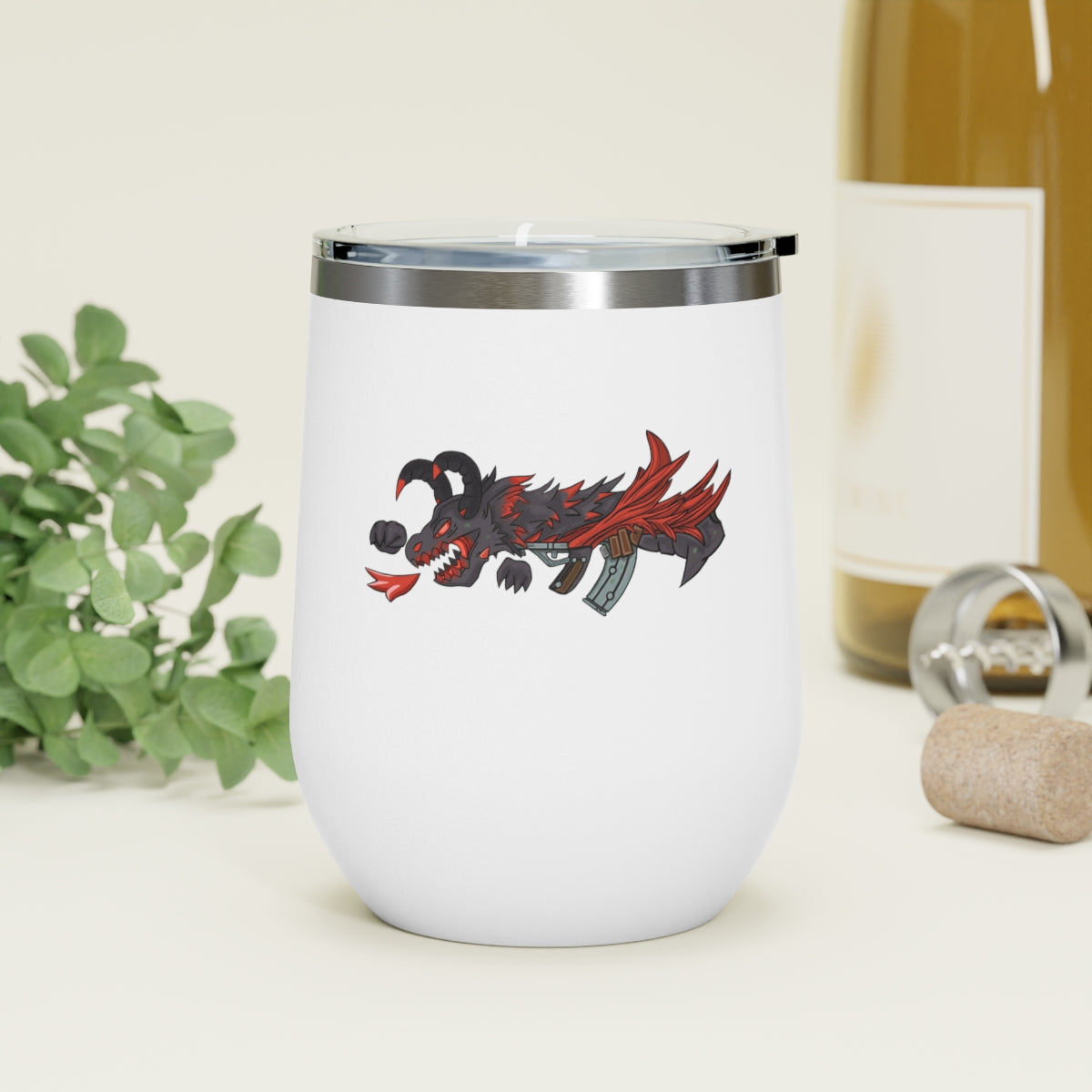 Red Black Dragon Gun 12oz Insulated Wine Tumbler with clear lid, showcasing stylish design and stainless steel construction.