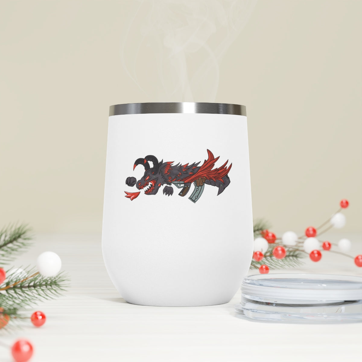 Red Black Dragon Gun 12oz Insulated Wine Tumbler with clear lid, showcasing stylish design and stainless steel construction.