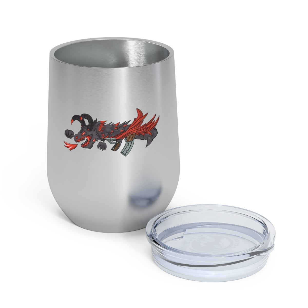 Red Black Dragon Gun 12oz Insulated Wine Tumbler with clear lid, showcasing stylish design and stainless steel construction.