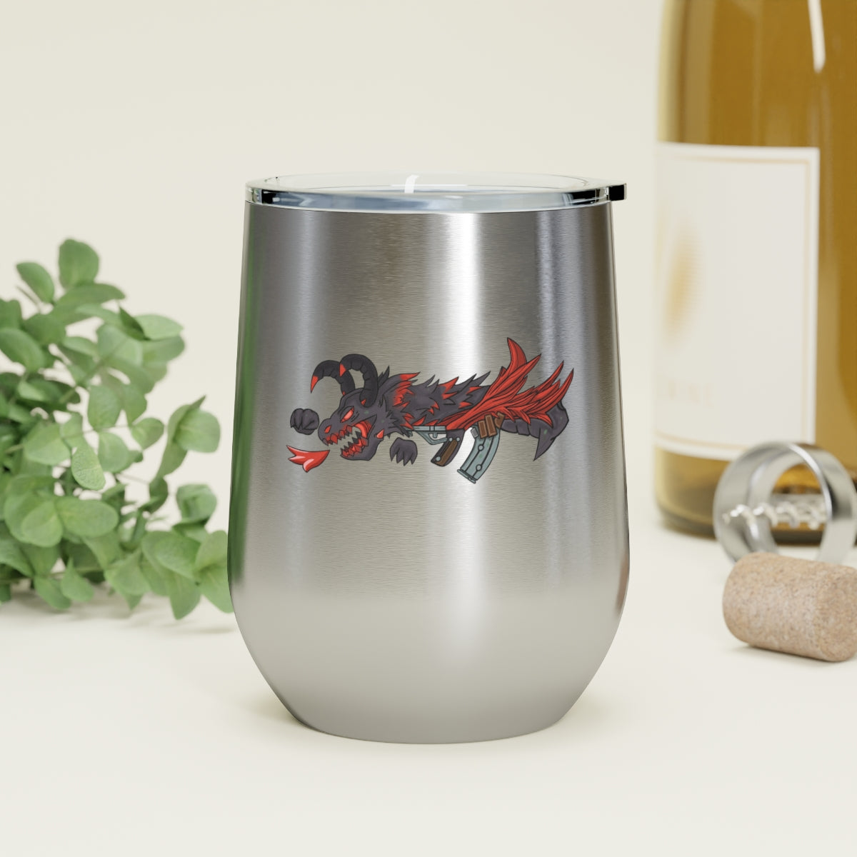 Red Black Dragon Gun 12oz Insulated Wine Tumbler with clear lid, showcasing stylish design and stainless steel construction.