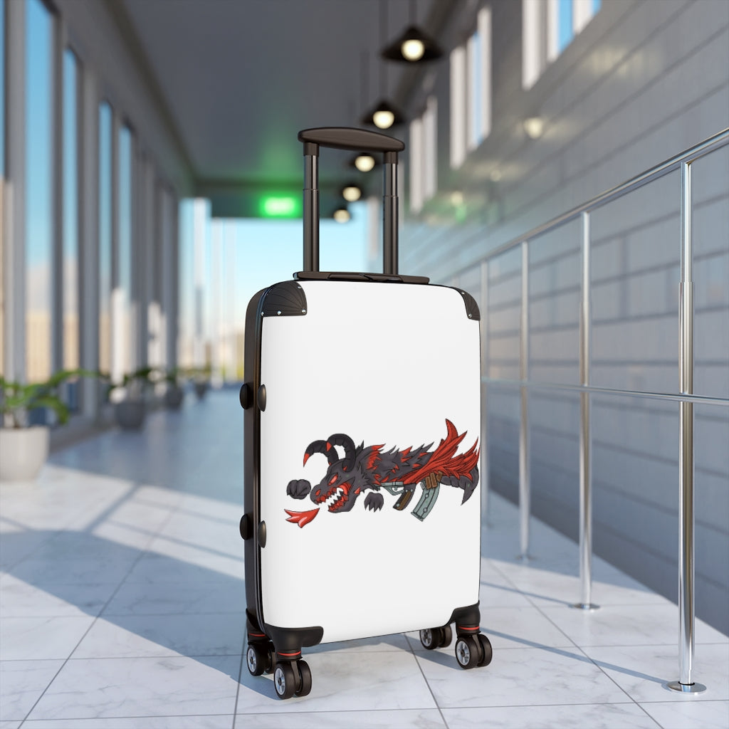 Red Black Dragon Gun Cabin Suitcase with a vibrant dragon design, featuring a hard-shell exterior and adjustable handle.