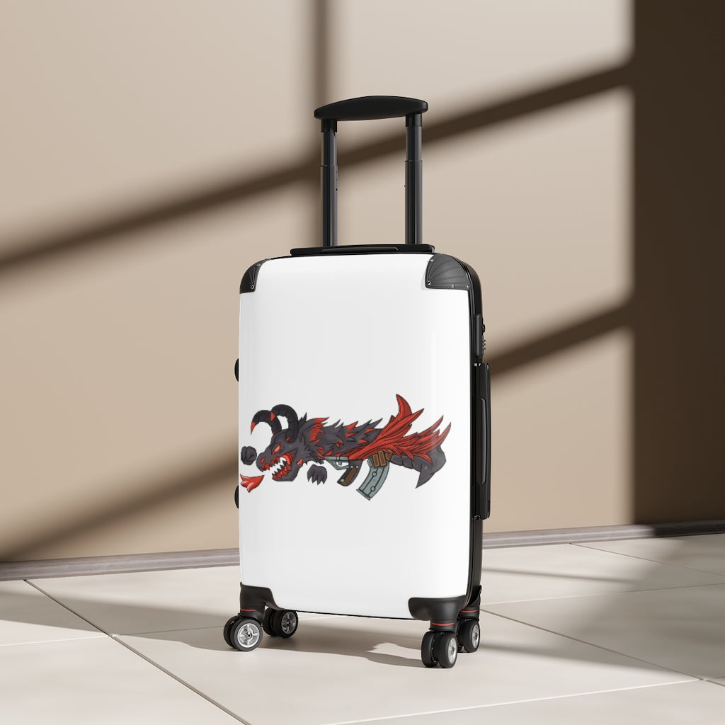 Red Black Dragon Gun Cabin Suitcase with a vibrant dragon design, featuring a hard-shell exterior and adjustable handle.