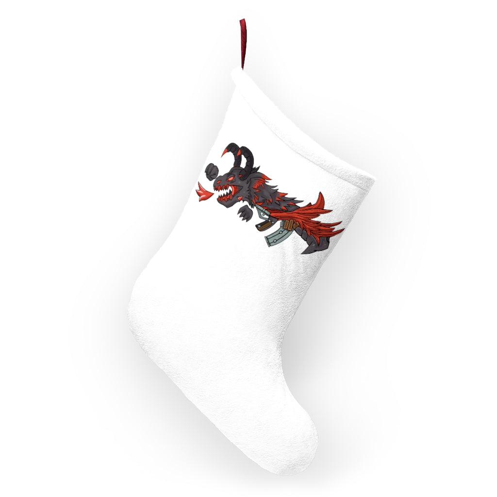 Red Black Dragon Gun Christmas Stocking hanging by a fireplace, featuring a vibrant design and soft fleece material.