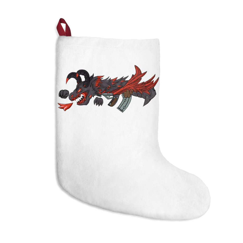 Red Black Dragon Gun Christmas Stocking hanging by a fireplace, featuring a vibrant design and soft fleece material.