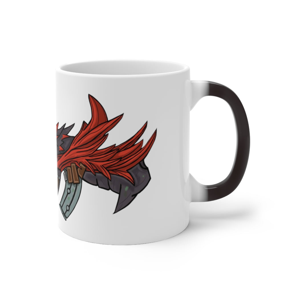 A vibrant Red Black Dragon Gun Color Changing Mug showcasing its color transformation with a hot beverage inside.