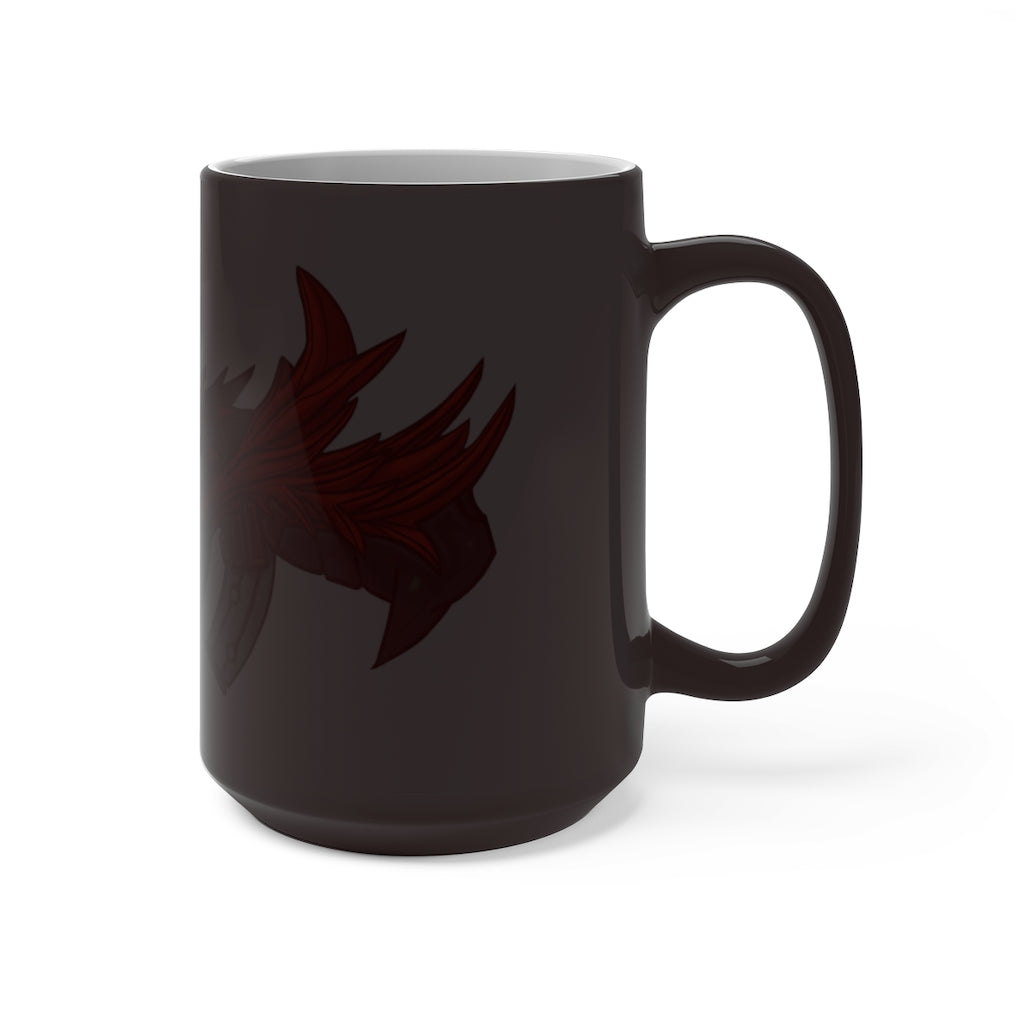 A vibrant Red Black Dragon Gun Color Changing Mug showcasing its color transformation with a hot beverage inside.