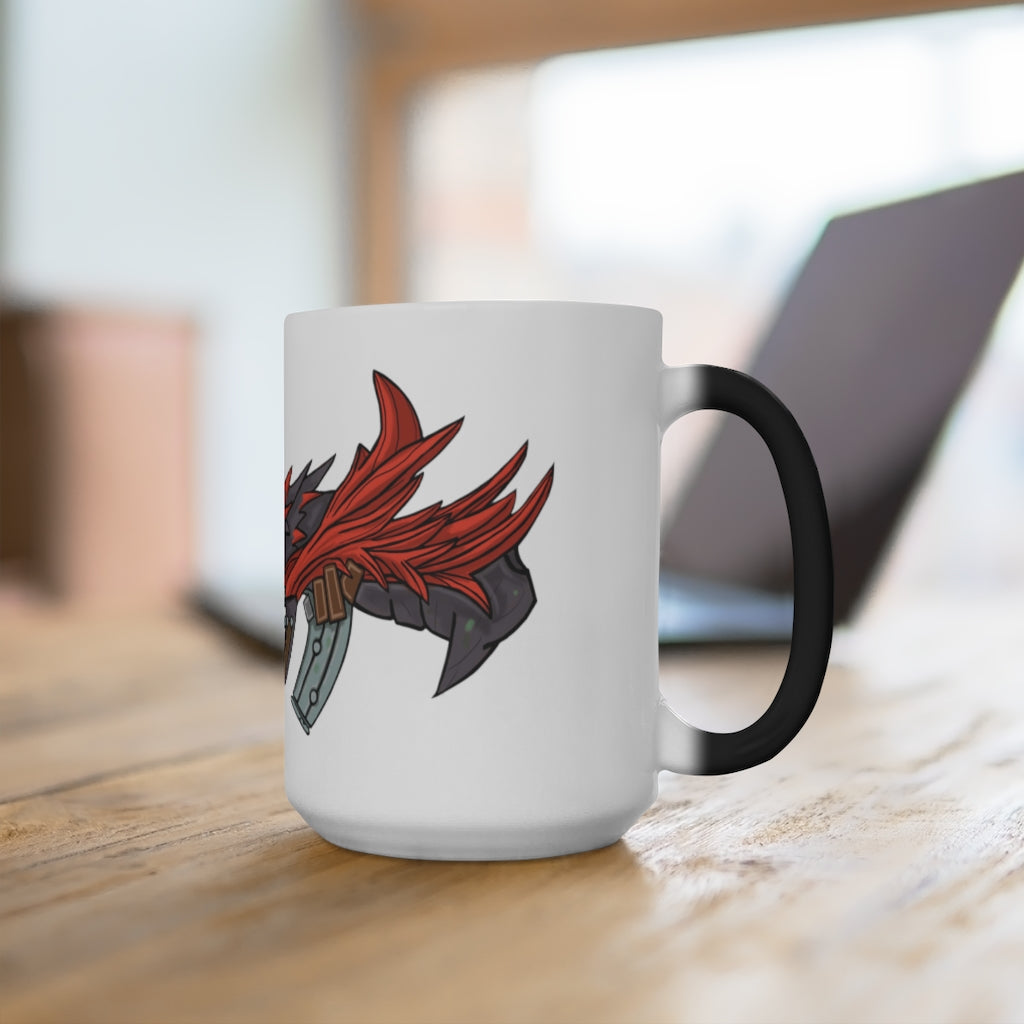 A vibrant Red Black Dragon Gun Color Changing Mug showcasing its color transformation with a hot beverage inside.