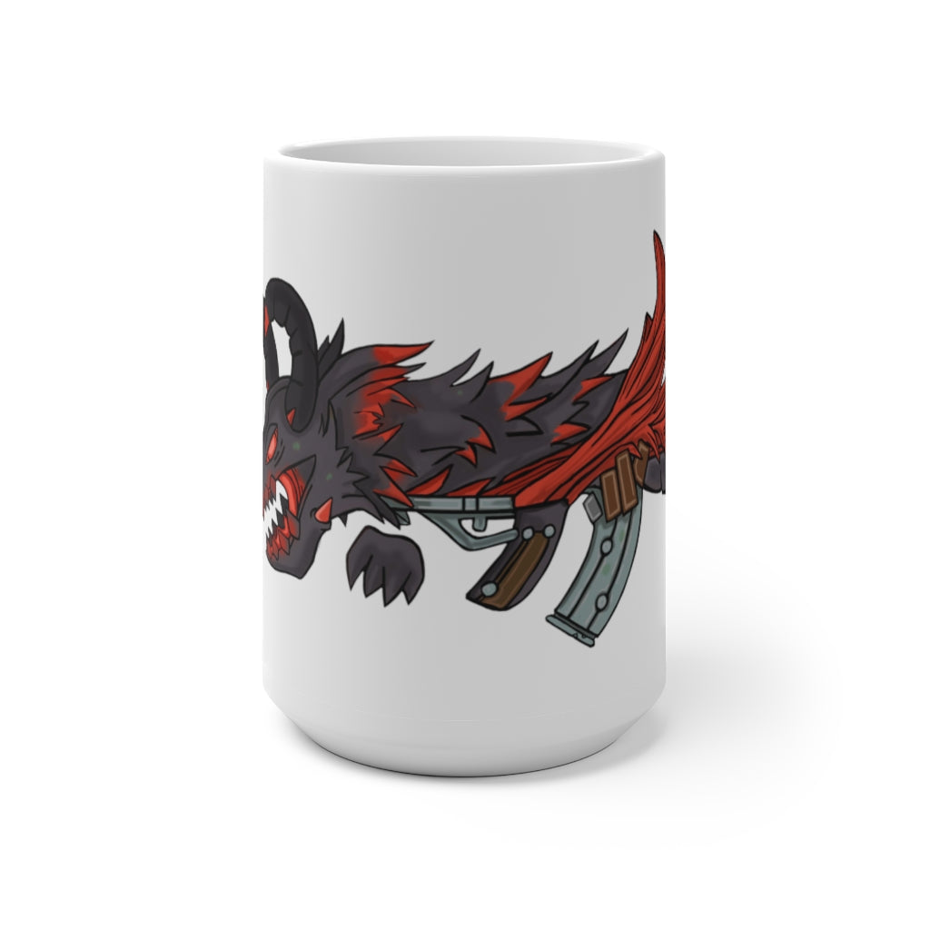 A vibrant Red Black Dragon Gun Color Changing Mug showcasing its color transformation with a hot beverage inside.