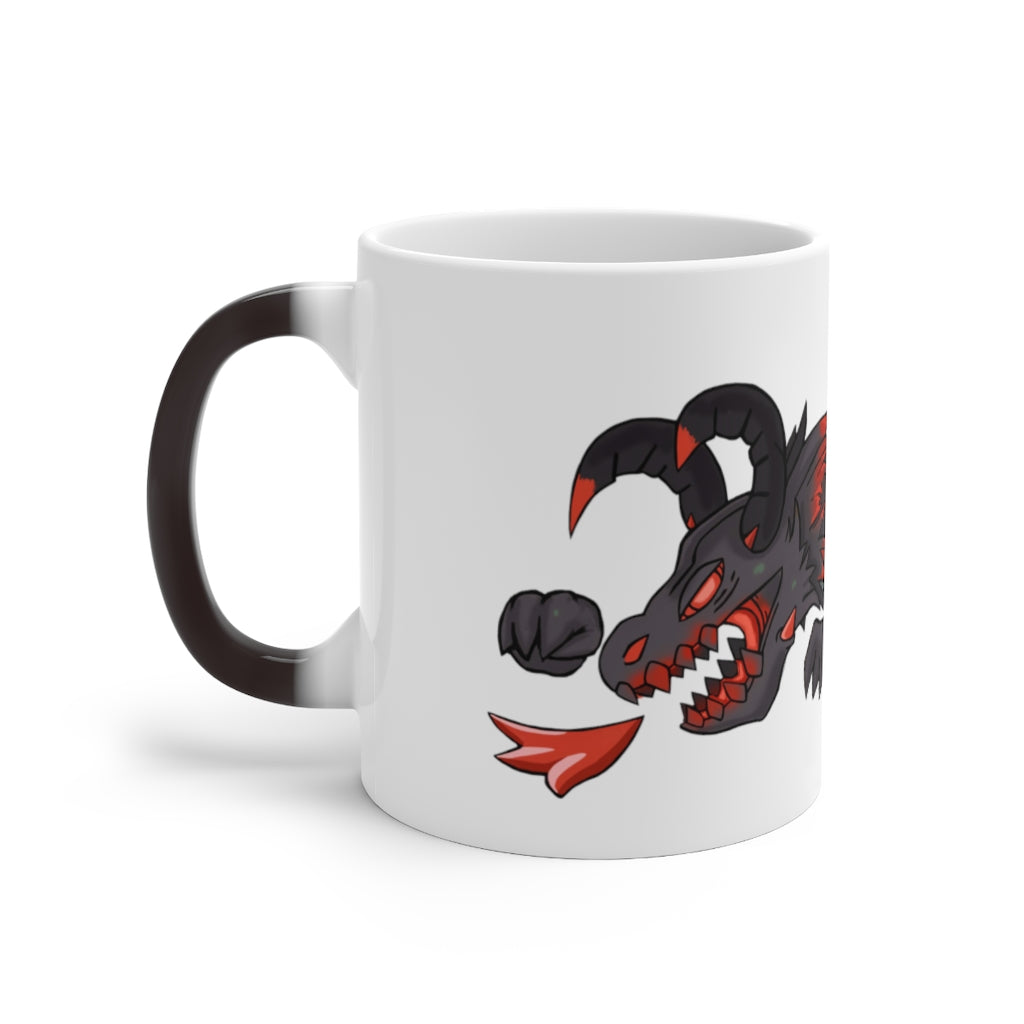 A vibrant Red Black Dragon Gun Color Changing Mug showcasing its color transformation with a hot beverage inside.