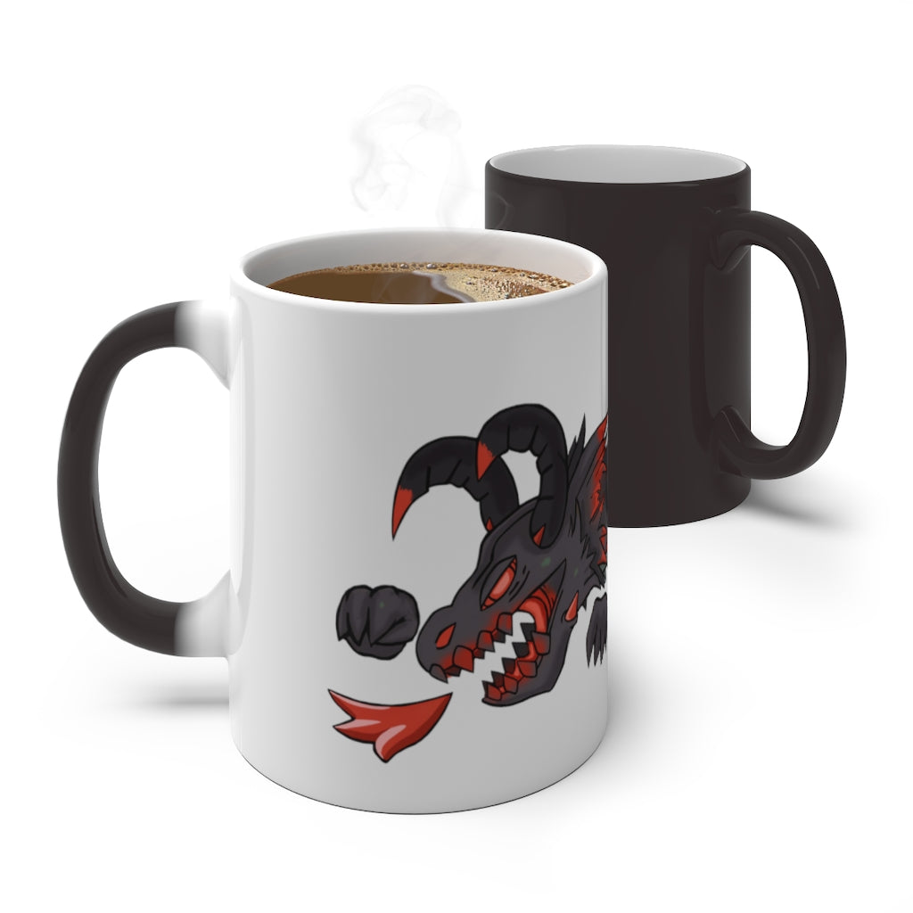 A vibrant Red Black Dragon Gun Color Changing Mug showcasing its color transformation with a hot beverage inside.