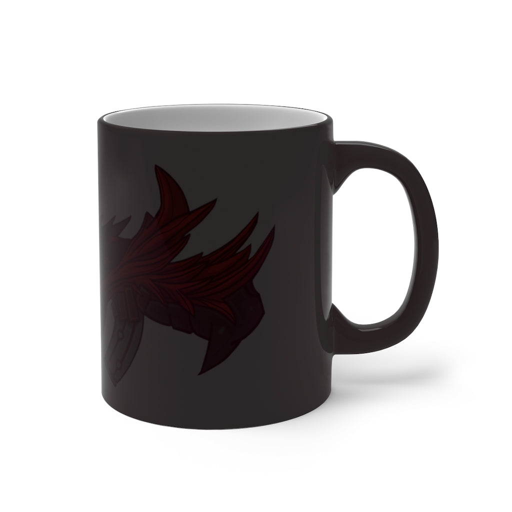 A vibrant Red Black Dragon Gun Color Changing Mug showcasing its color transformation with a hot beverage inside.