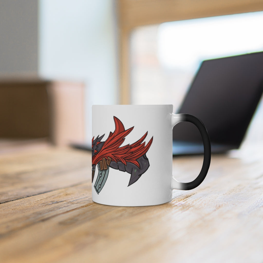 A vibrant Red Black Dragon Gun Color Changing Mug showcasing its color transformation with a hot beverage inside.