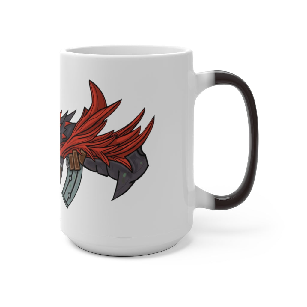 A vibrant Red Black Dragon Gun Color Changing Mug showcasing its color transformation with a hot beverage inside.