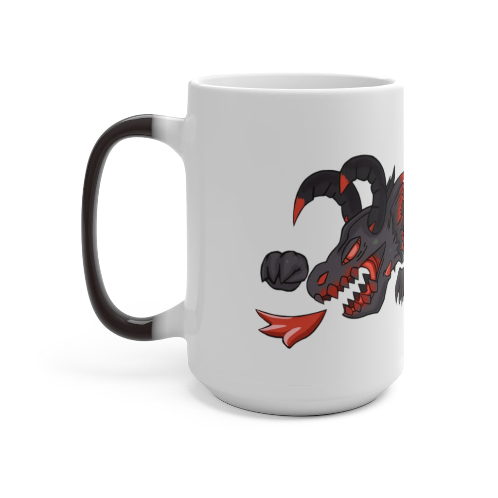 A vibrant Red Black Dragon Gun Color Changing Mug showcasing its color transformation with a hot beverage inside.