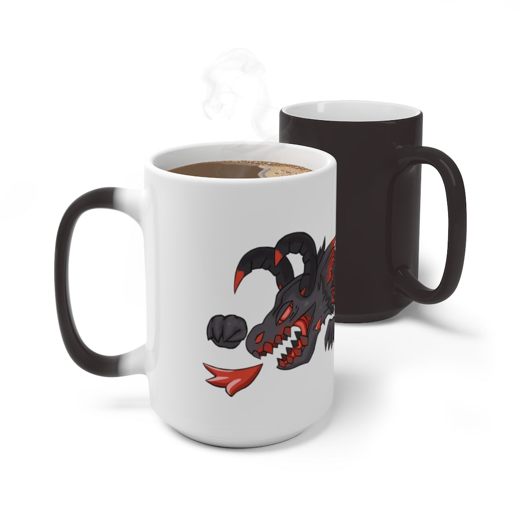 A vibrant Red Black Dragon Gun Color Changing Mug showcasing its color transformation with a hot beverage inside.