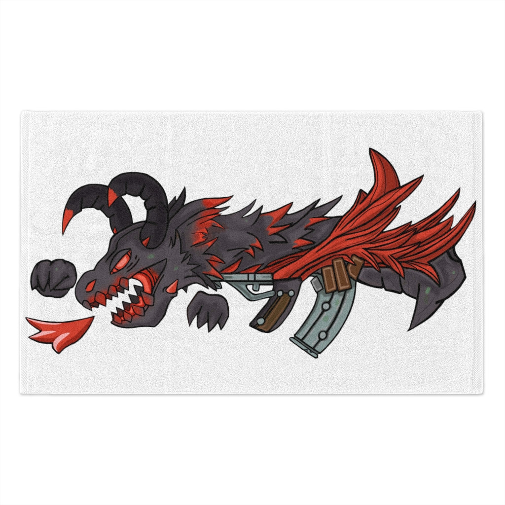 Red Black Dragon Gun Rally Towel, featuring a vibrant design on soft polyester and absorbent cotton backing, measuring 11x18 inches.