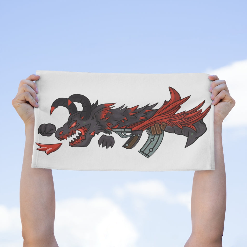 Red Black Dragon Gun Rally Towel, featuring a vibrant design on soft polyester and absorbent cotton backing, measuring 11x18 inches.