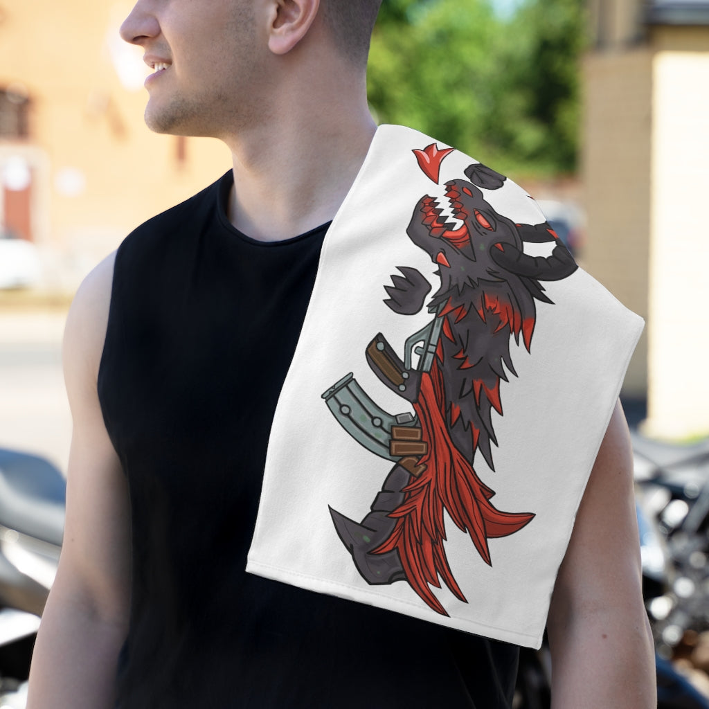 Red Black Dragon Gun Rally Towel, featuring a vibrant design on soft polyester and absorbent cotton backing, measuring 11x18 inches.