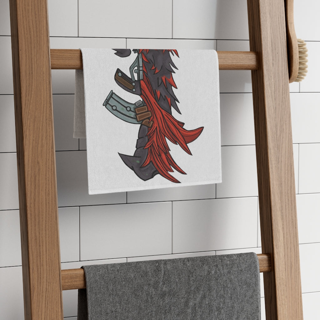 Red Black Dragon Gun Rally Towel, featuring a vibrant design on soft polyester and absorbent cotton backing, measuring 11x18 inches.