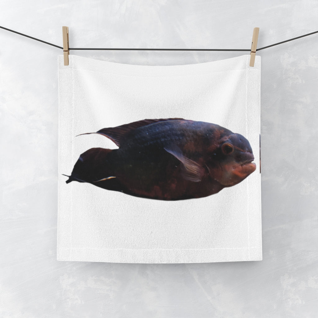 Red Black Fish Face Towel featuring a vibrant fish design on a soft polyester front and absorbent cotton back.