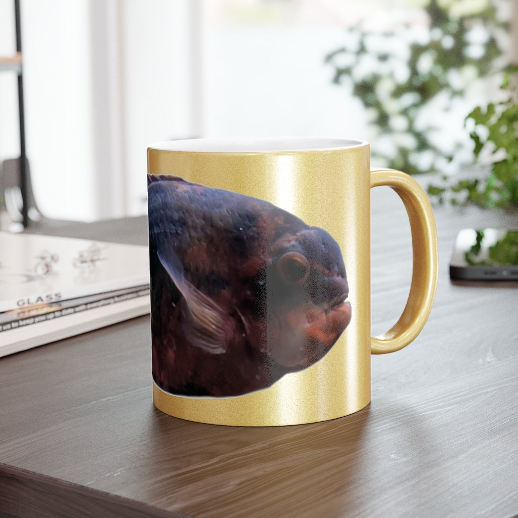 Red Black Fish Metallic Mug with Gold and Silver coating, showcasing a personalized design option.