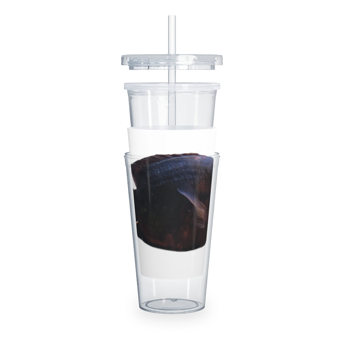 Red Black Fish Plastic Tumbler with Straw, featuring a vibrant design and double wall insulation for temperature control.