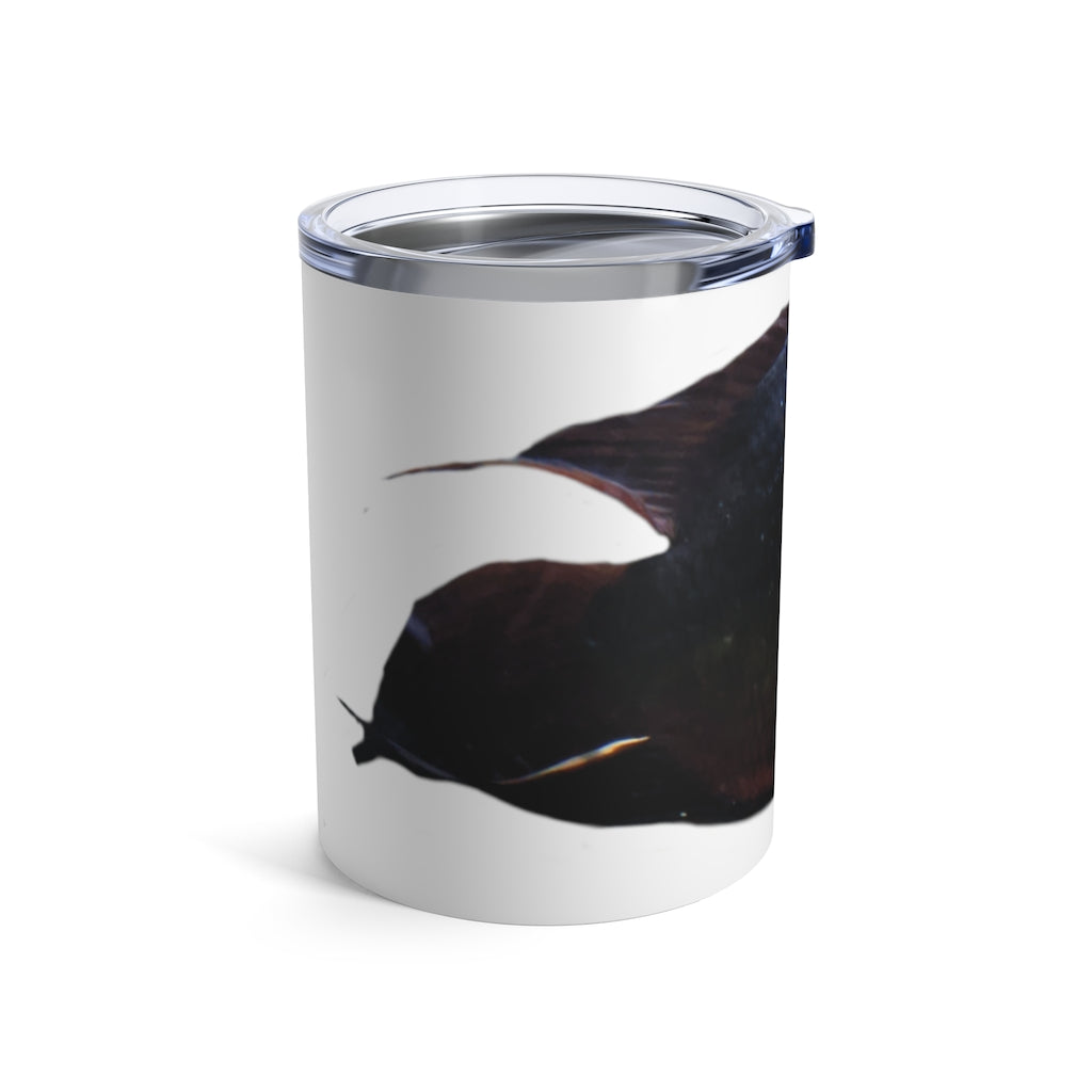 Red Black Fish Tumbler 10oz made of stainless steel with a see-thru plastic lid, showcasing a stylish design.