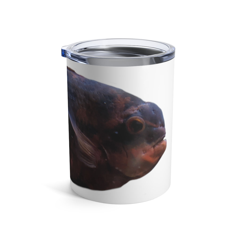 Red Black Fish Tumbler 10oz made of stainless steel with a see-thru plastic lid, showcasing a stylish design.