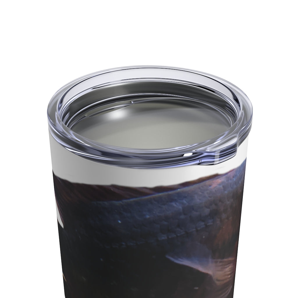 Red Black Fish Tumbler 10oz made of stainless steel with a see-thru plastic lid, showcasing a stylish design.