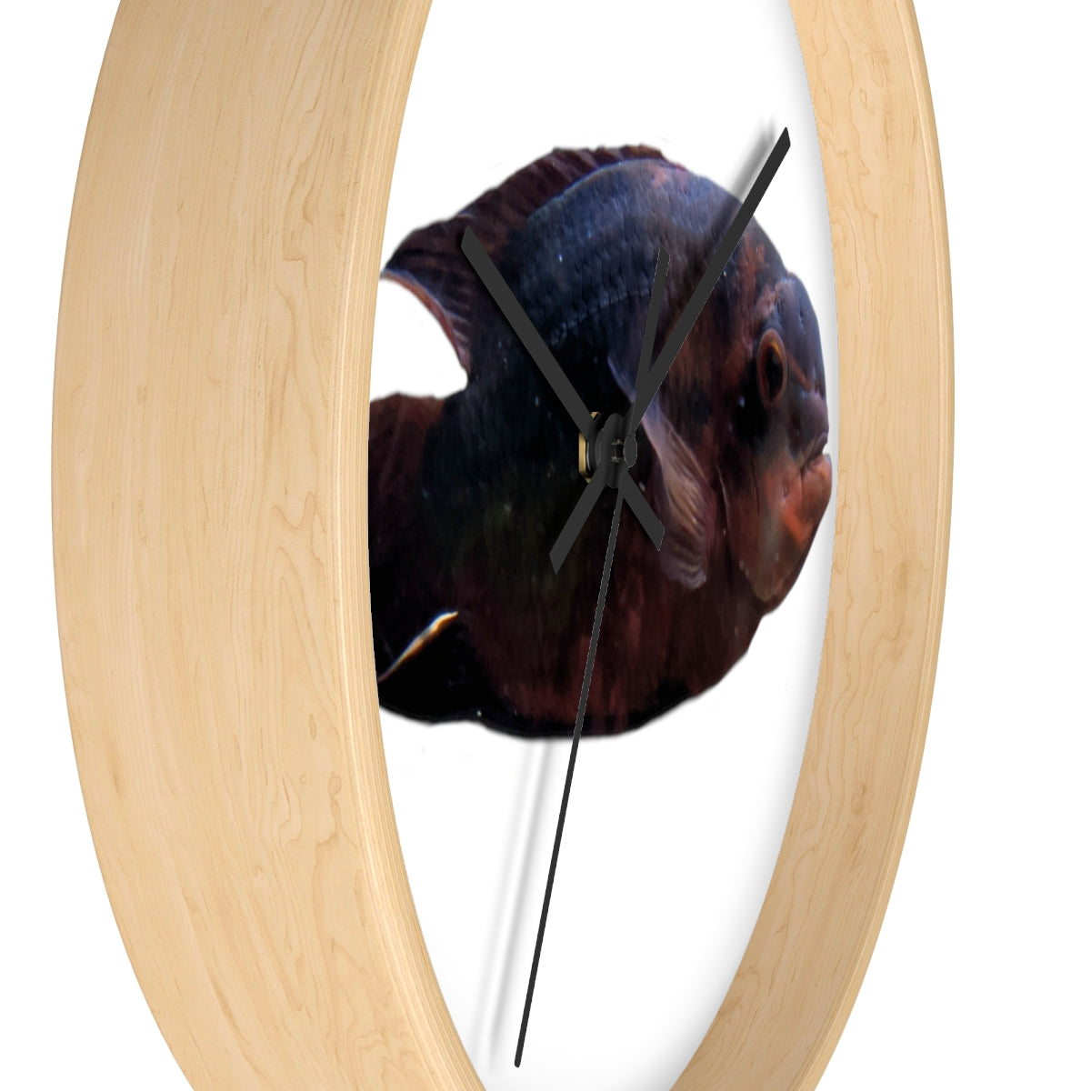 A stylish Red Black Fish Wall Clock featuring a wooden frame and a plexiglass face, perfect for indoor decor.