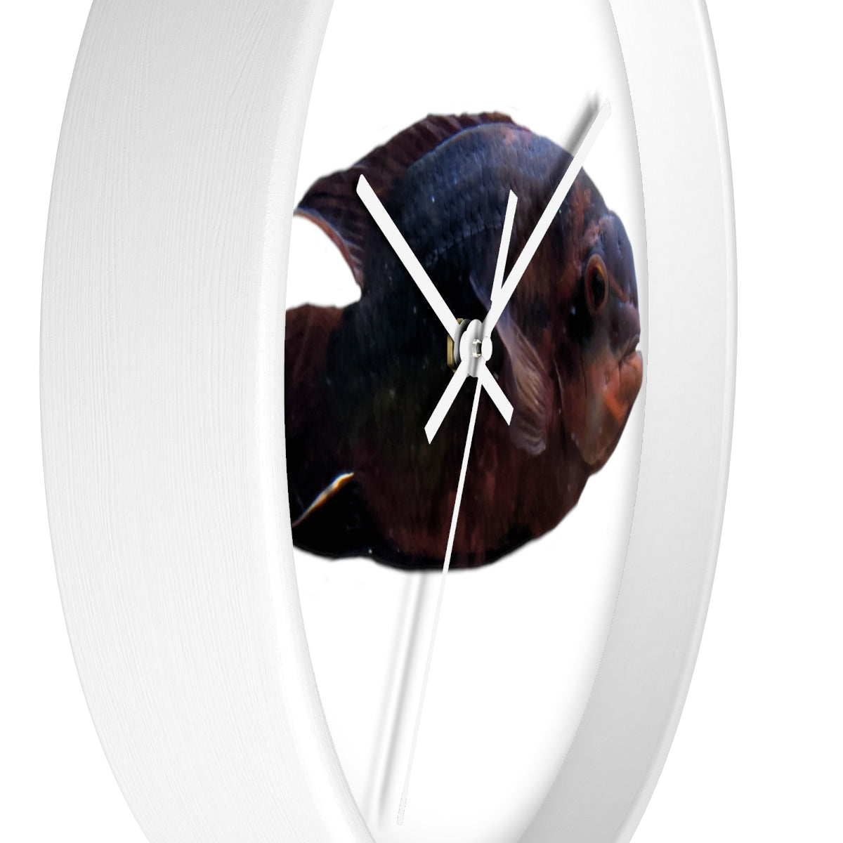 A stylish Red Black Fish Wall Clock featuring a wooden frame and a plexiglass face, perfect for indoor decor.