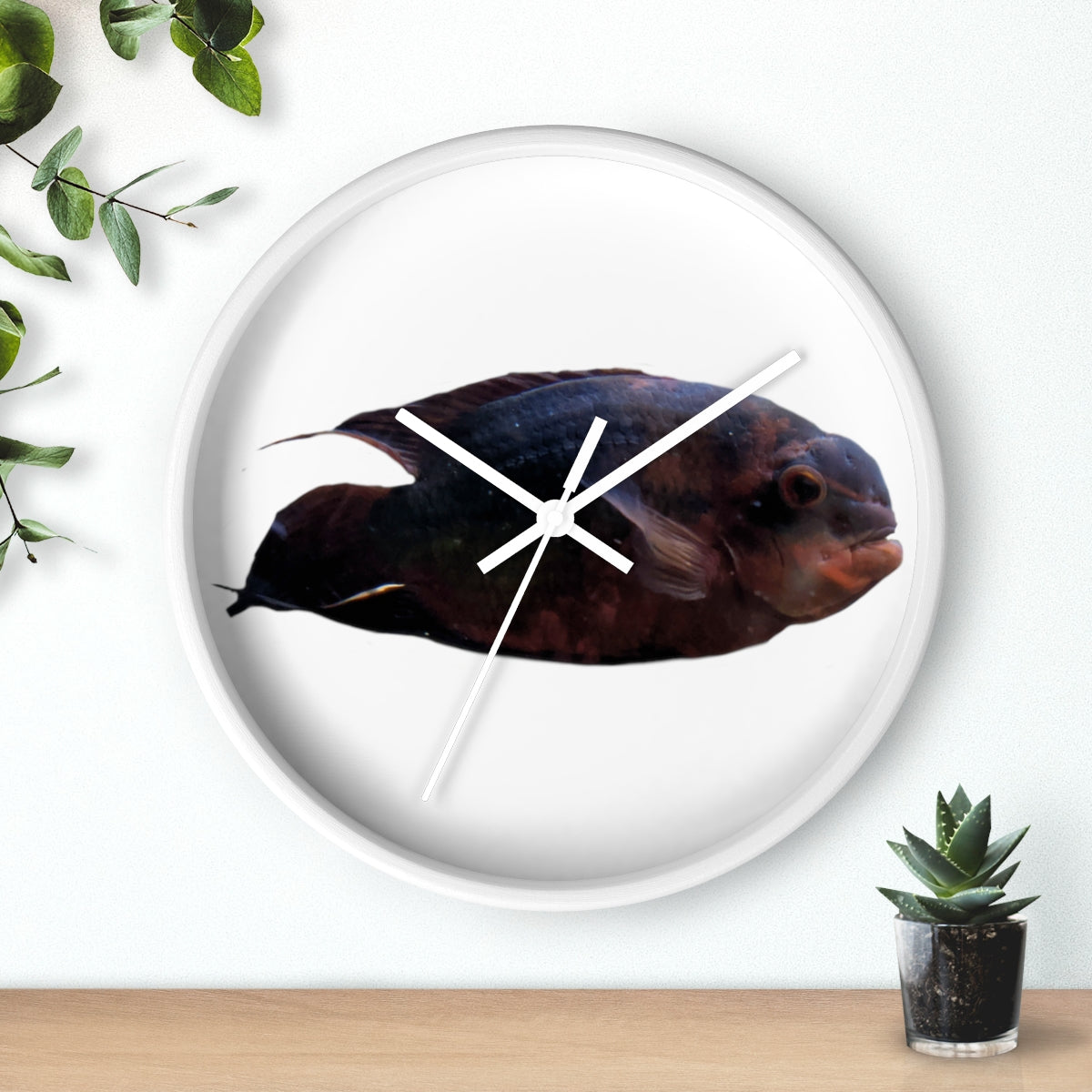 A stylish Red Black Fish Wall Clock featuring a wooden frame and a plexiglass face, perfect for indoor decor.