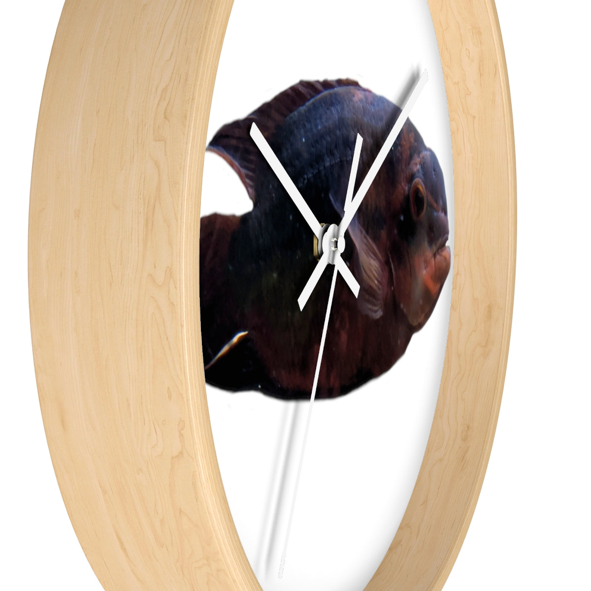 A stylish Red Black Fish Wall Clock featuring a wooden frame and a plexiglass face, perfect for indoor decor.