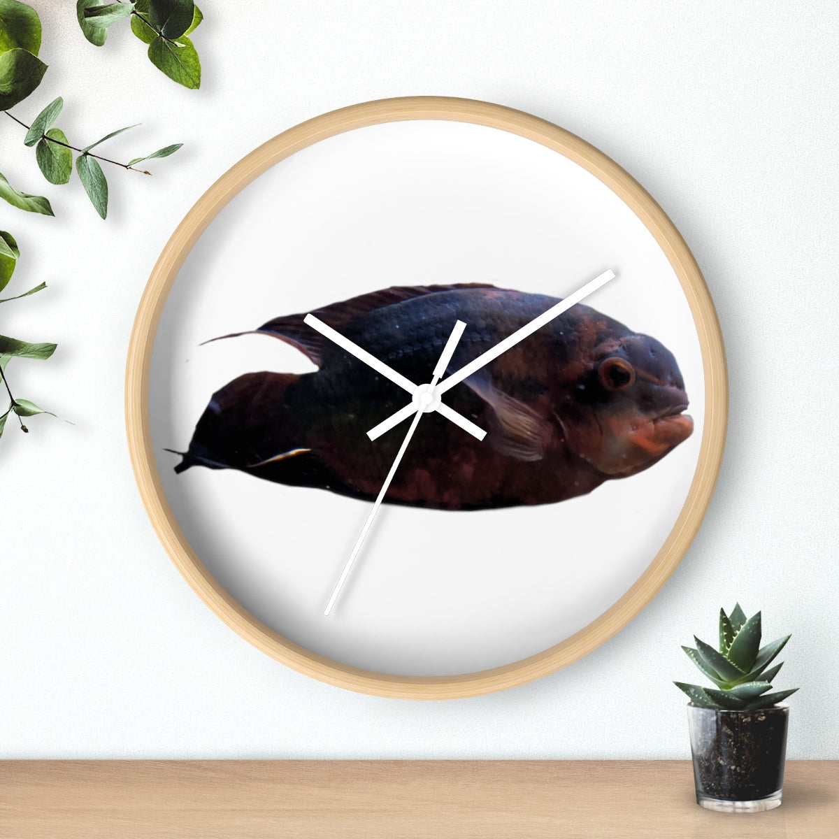 A stylish Red Black Fish Wall Clock featuring a wooden frame and a plexiglass face, perfect for indoor decor.