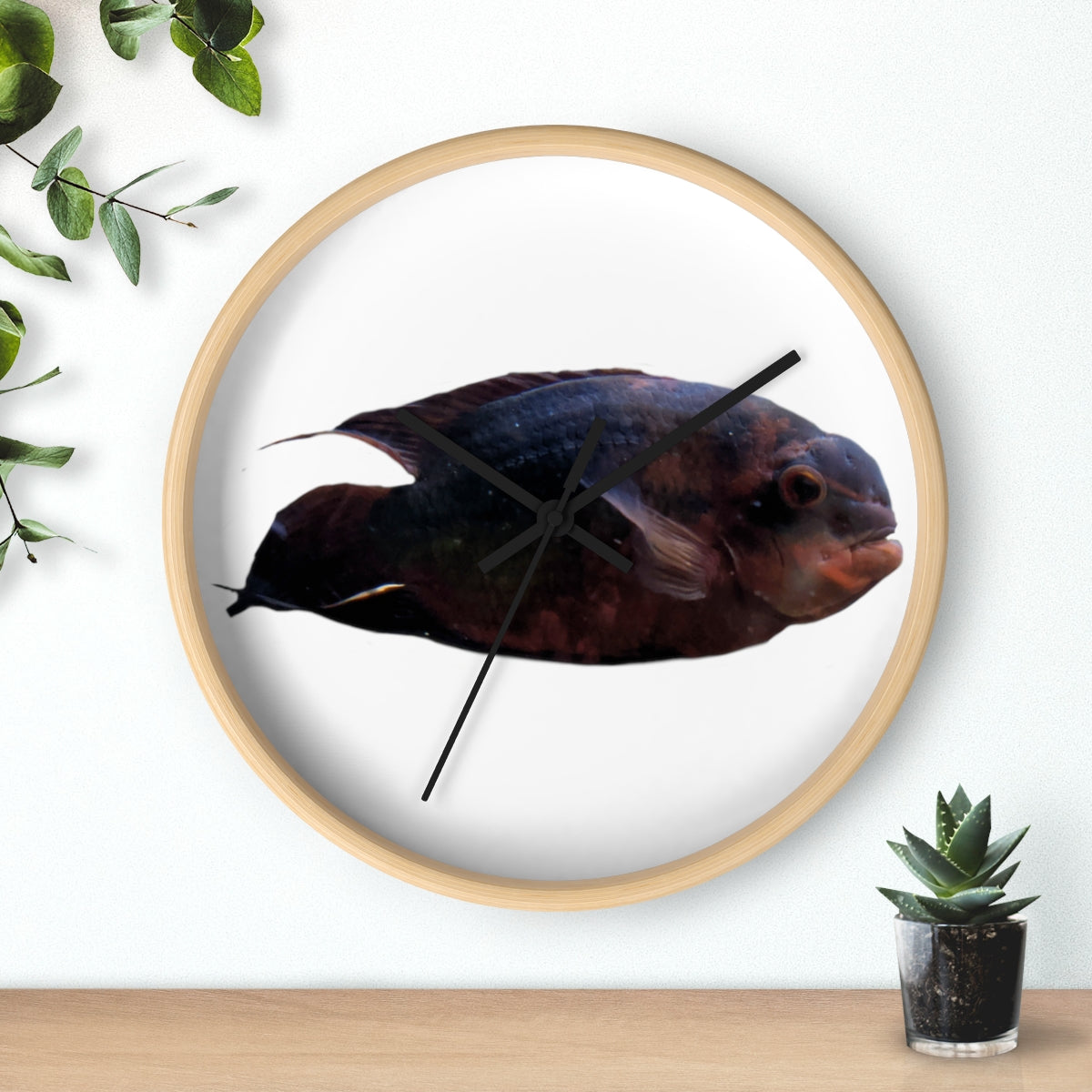 A stylish Red Black Fish Wall Clock featuring a wooden frame and a plexiglass face, perfect for indoor decor.