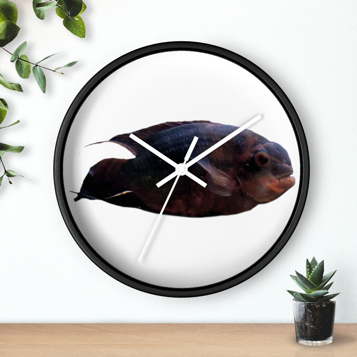 A stylish Red Black Fish Wall Clock featuring a wooden frame and a plexiglass face, perfect for indoor decor.