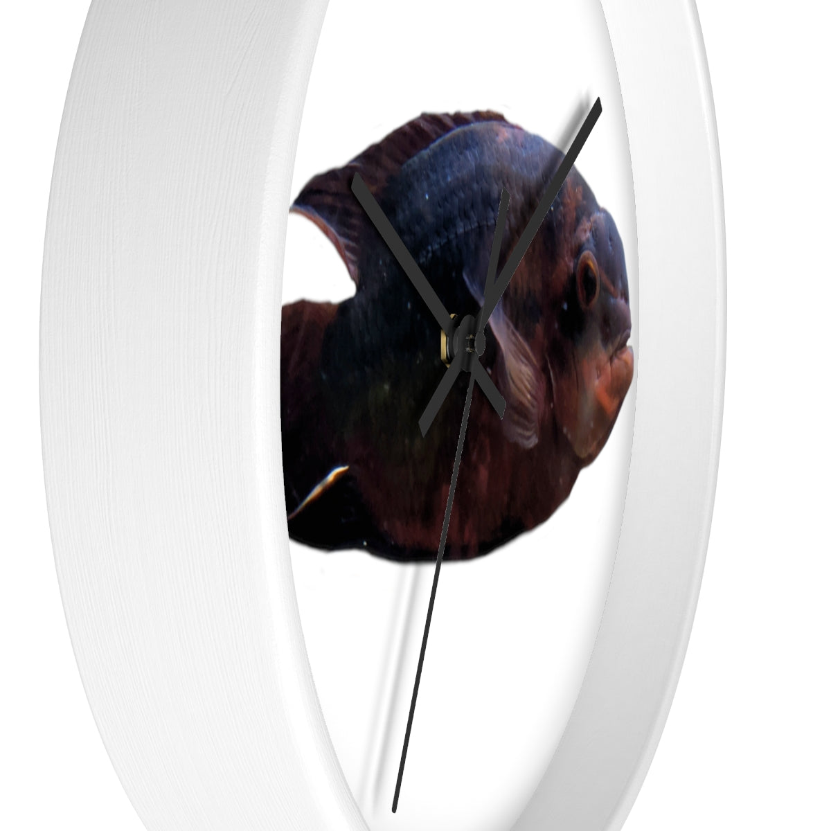 A stylish Red Black Fish Wall Clock featuring a wooden frame and a plexiglass face, perfect for indoor decor.