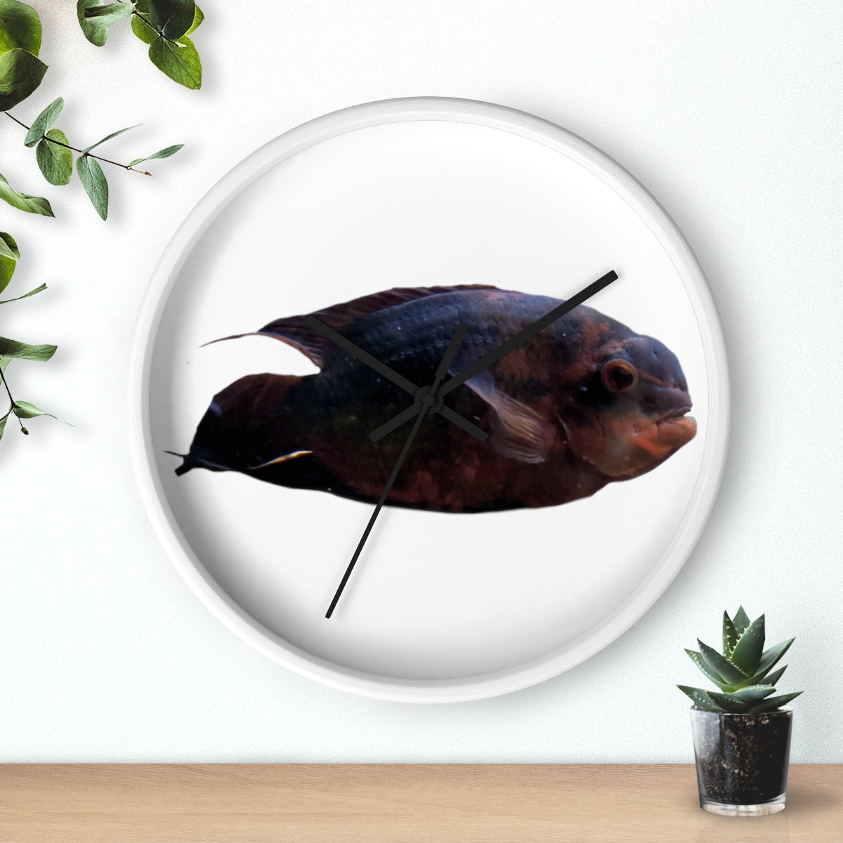 A stylish Red Black Fish Wall Clock featuring a wooden frame and a plexiglass face, perfect for indoor decor.