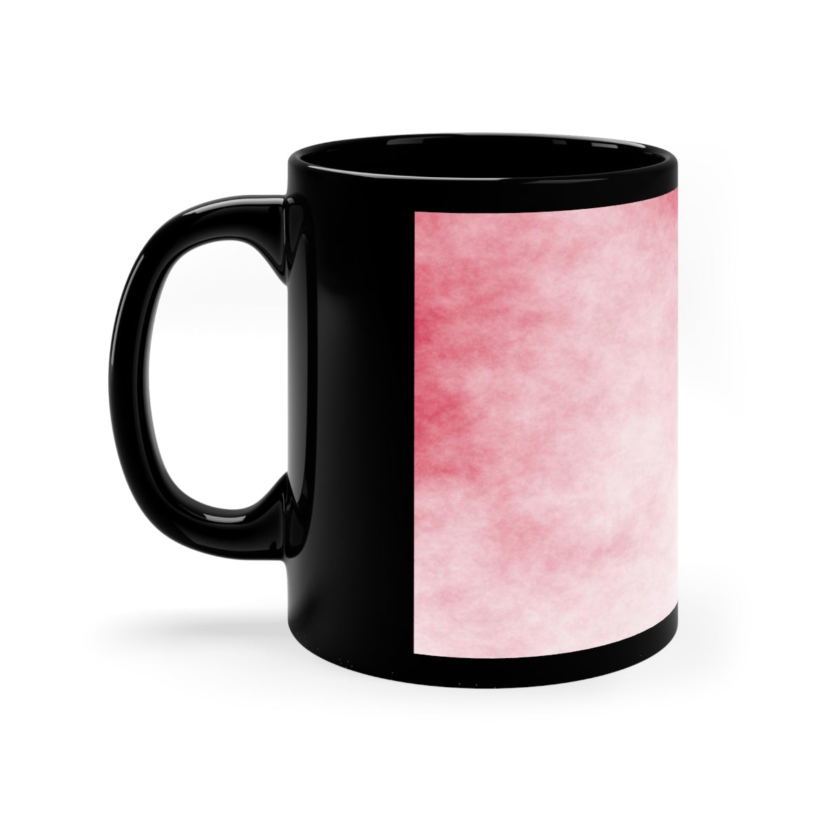 A stylish 11oz black ceramic mug with a C-handle, perfect for coffee, tea, or hot chocolate, featuring customizable designs.