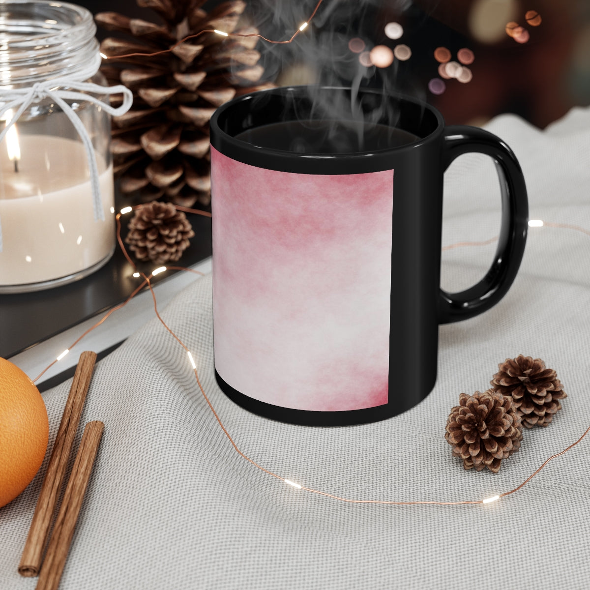 A stylish 11oz black ceramic mug with a C-handle, perfect for coffee, tea, or hot chocolate, featuring customizable designs.