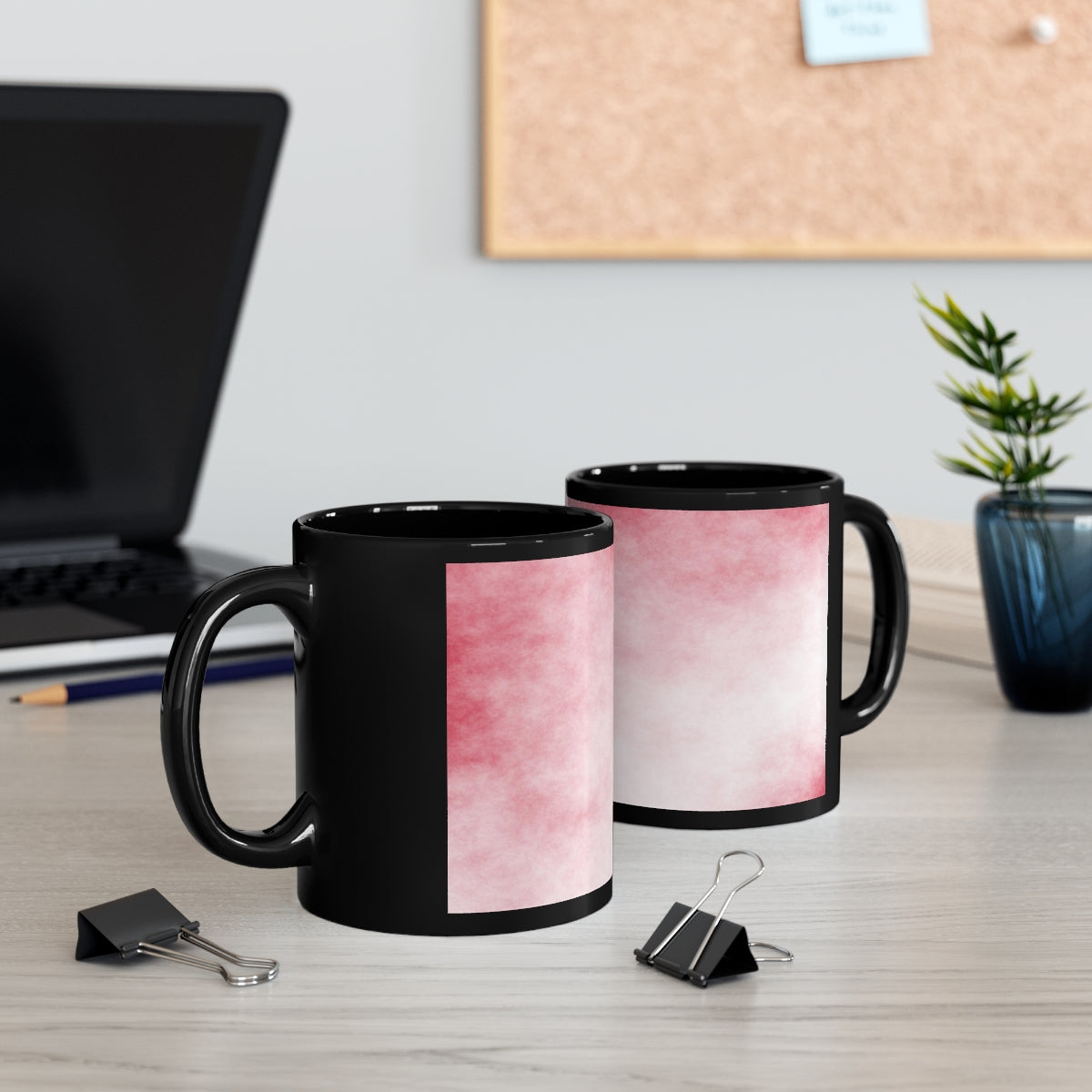 A stylish 11oz black ceramic mug with a C-handle, perfect for coffee, tea, or hot chocolate, featuring customizable designs.