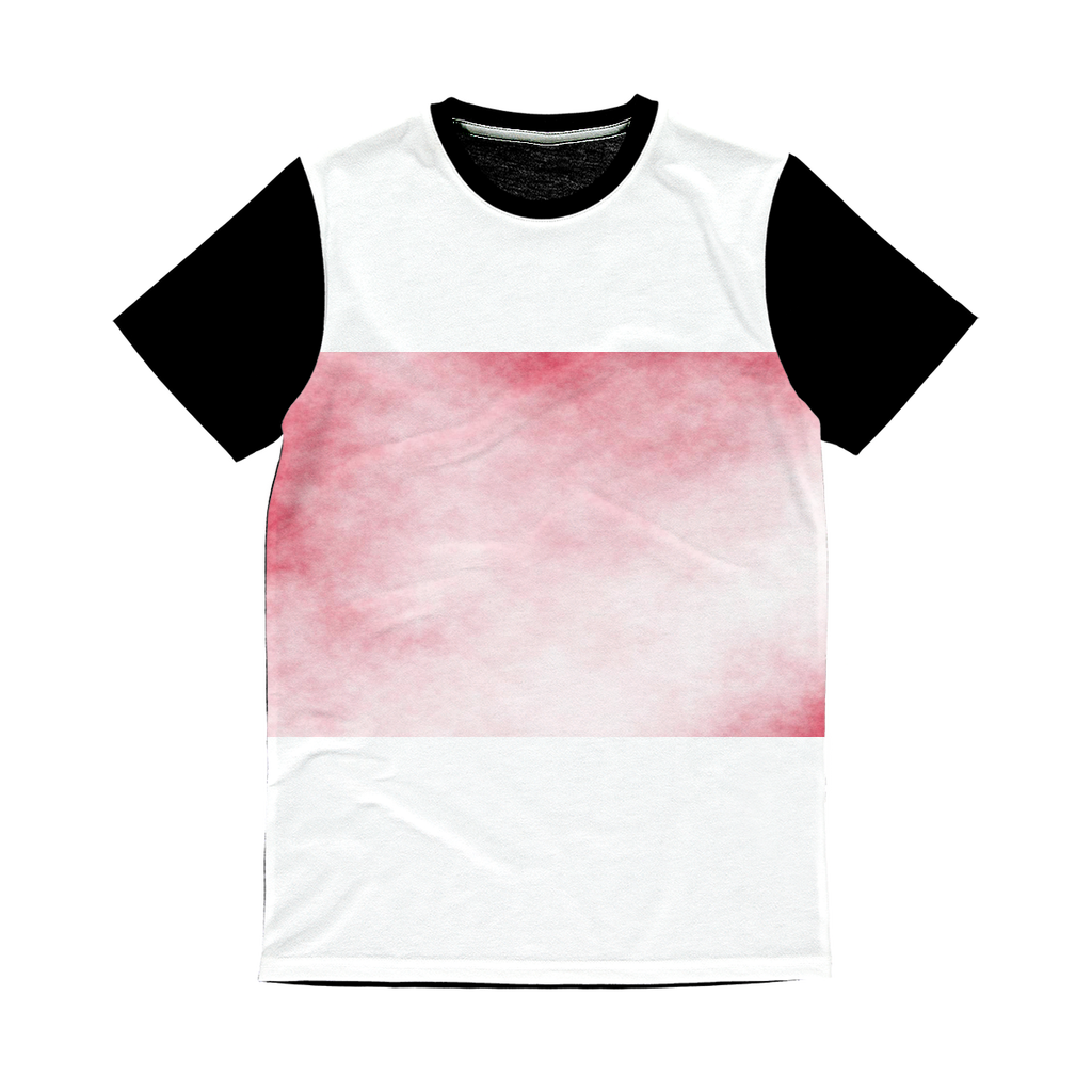 Red Clouds Classic Sublimation Panel T-Shirt featuring a vibrant front design and plain black back, ideal for sublimation printing.