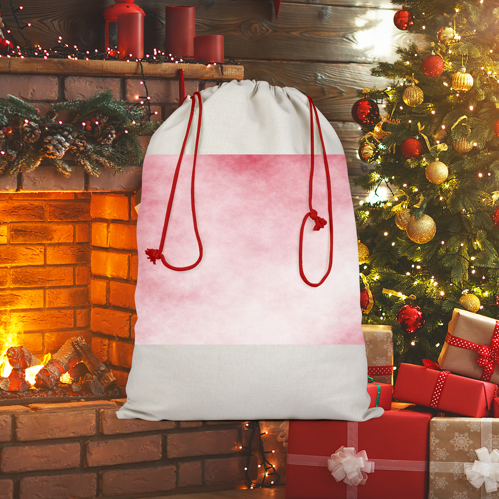 Red Clouds Sublimation Linen Drawstring Sack with vibrant red drawstring, perfect for Christmas gifts and laundry.