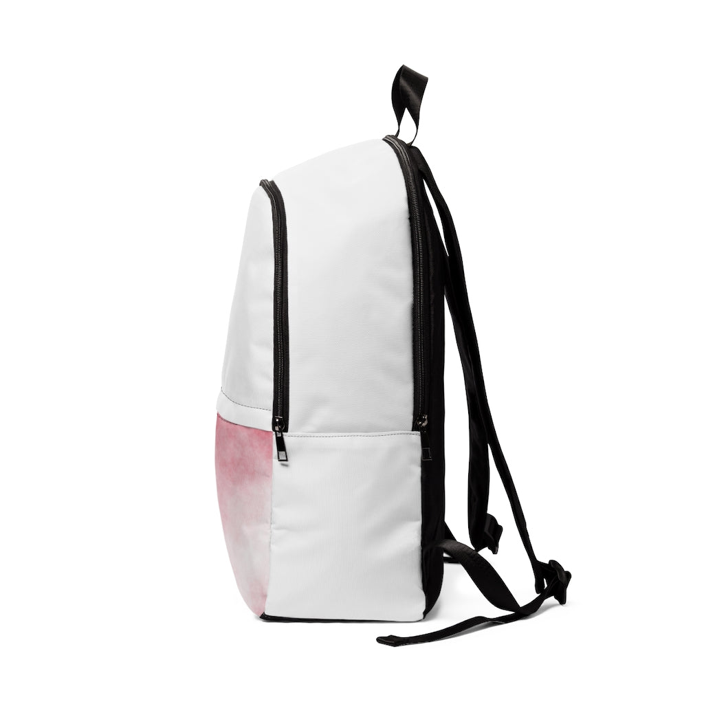 Red Clouds Unisex Fabric Backpack in vibrant red color, featuring adjustable shoulder straps and a padded back panel, perfect for school and travel.