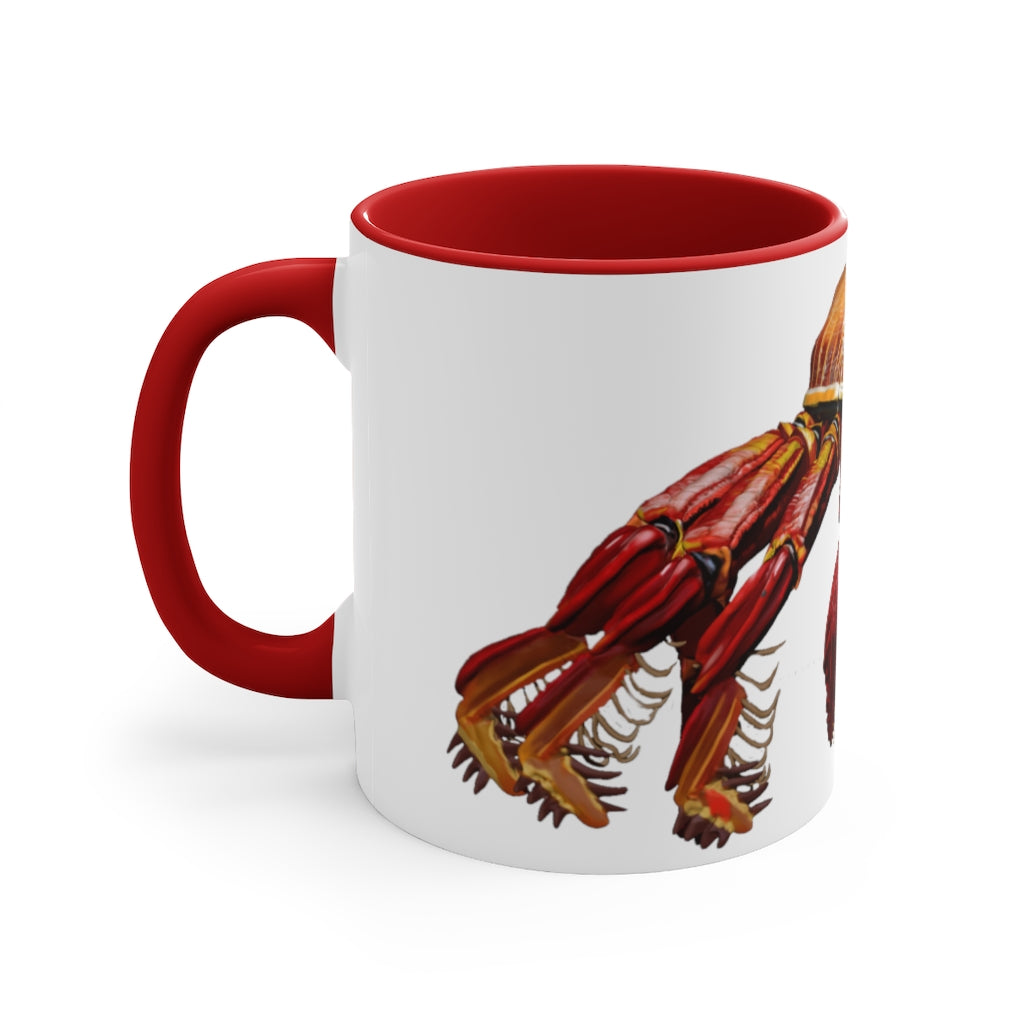 A stylish Red Crab Accent Mug featuring a white exterior with a vibrant red interior, showcasing its durable ceramic build and comfortable C-handle.